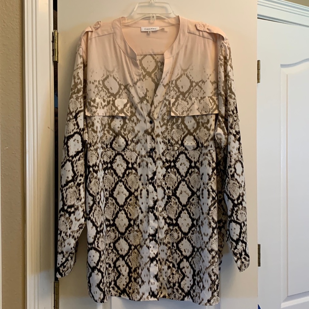 Calvin Klein blush, cream, and brown snakeskin blouse, size 2X